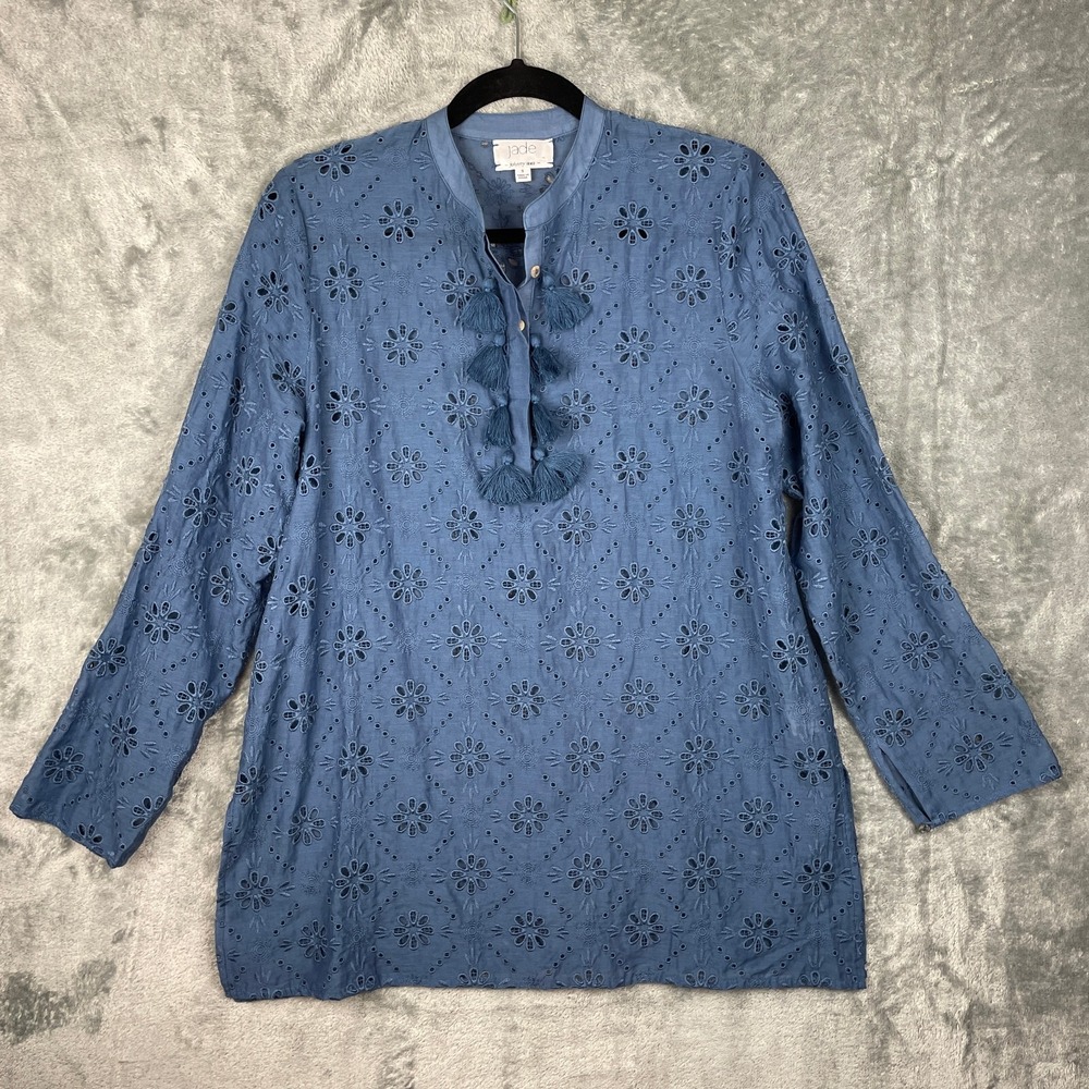Johnny Was Jade Tunic Top Small Blue Embroidered Silk‎ Cotton Floral Popover